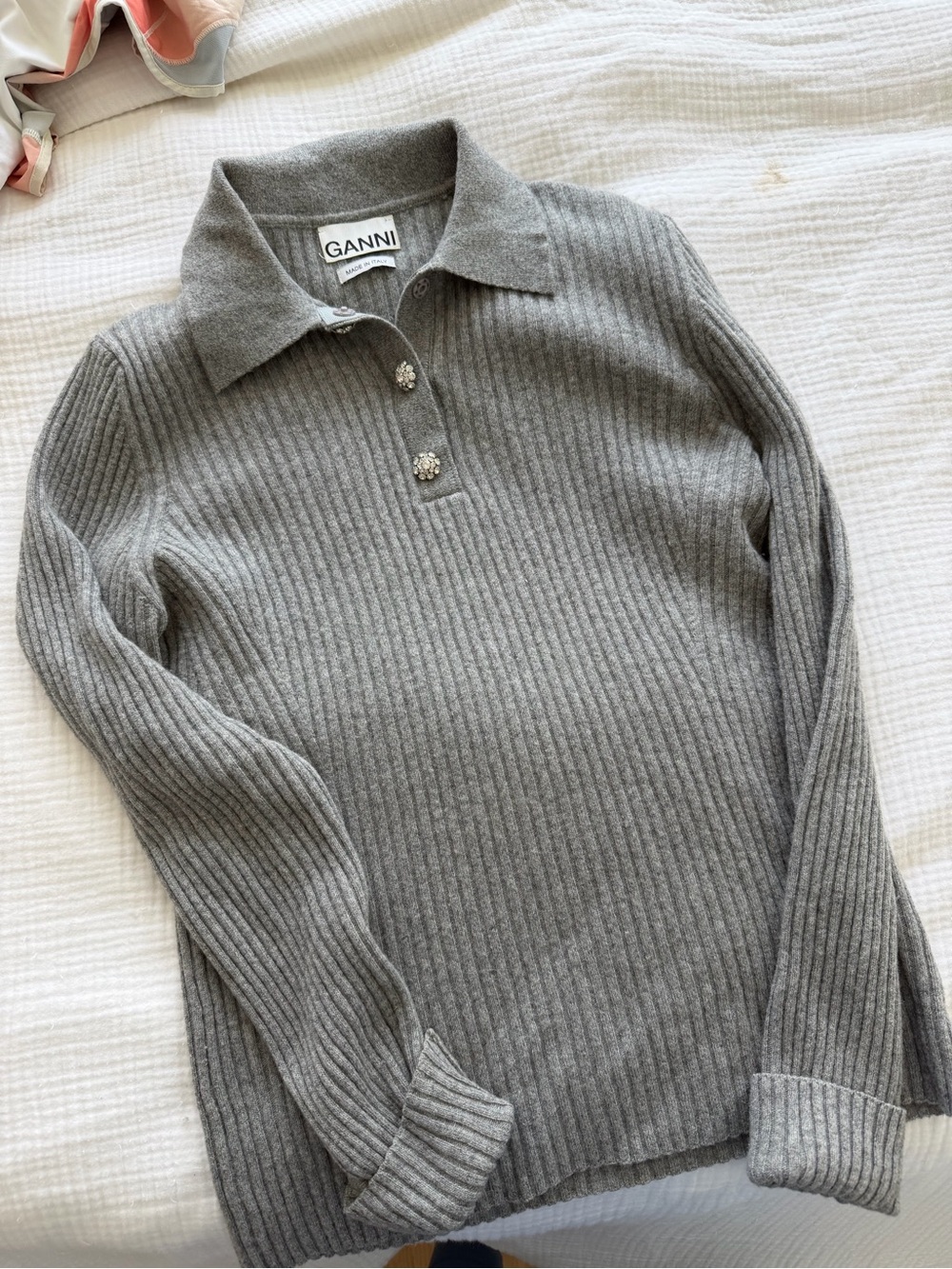 Ganni Grey Ribbed Polo with Crystal Cluster Buttons - Picture 2 of 2